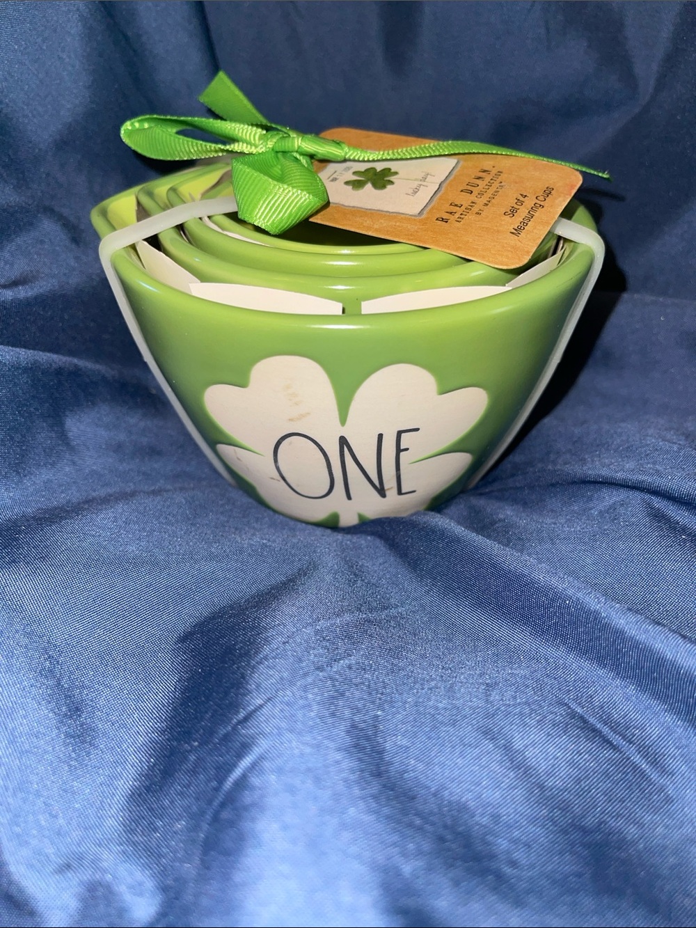 Rae Dunn Green Ceramic Measuring Cups with White Clovers